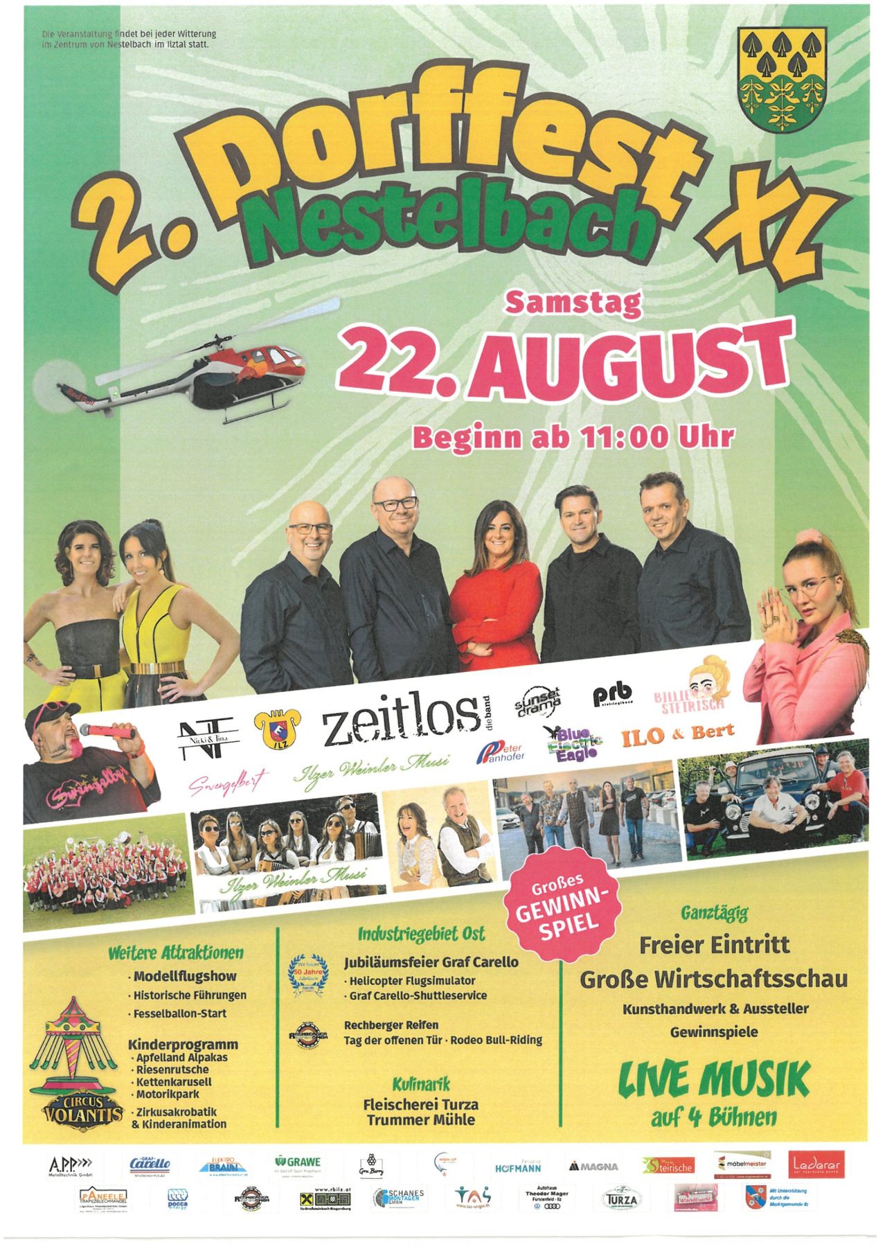 Plakat für die 2. Nestlebach XL Veranstaltung am 22. August mit einer Gruppe von Menschen, einem Hubschrauber und verschiedenen Attraktionen wie einem Modellflugshow, historischen Flügen und einem kostenlosen Eintrittswettbewerb.