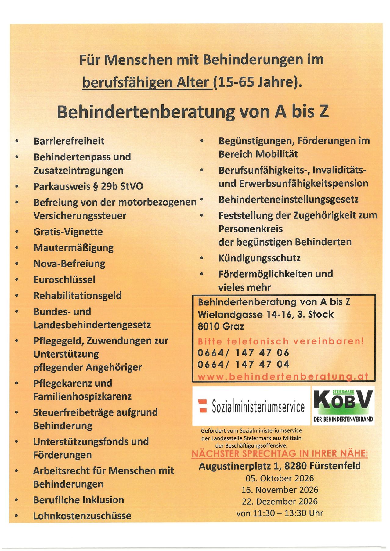 Ein Plakat bewirbt umfassende Behindertenberatung von A bis Z für Personen im Alter von 15-65 Jahren. Es listet verschiedene Dienstleistungen wie Barrierefreiheit, Behindertenausweise und Steuerbefreiungen auf. Kontaktinformationen und eine Adresse für Termine werden angegeben.