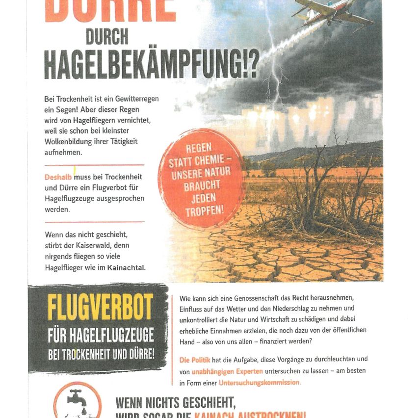 Ein Flugblatt mit dem kühnen Titel 'DURCH HAGELBEKÄMPFUNG?' zeigt ein Flugzeug, das Wasser versprüht. Es diskutiert die Notwendigkeit eines Wetterkontrollgeräts bei Dürre und Trockenheit.