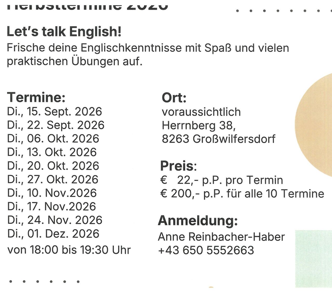 A flyer for an English conversation course, scheduled for multiple dates in 2026, with a price of 22 euros per session or 200 euros for all 10 sessions. Contact Anne Reinbacher-Haber at +43 650 5552663.