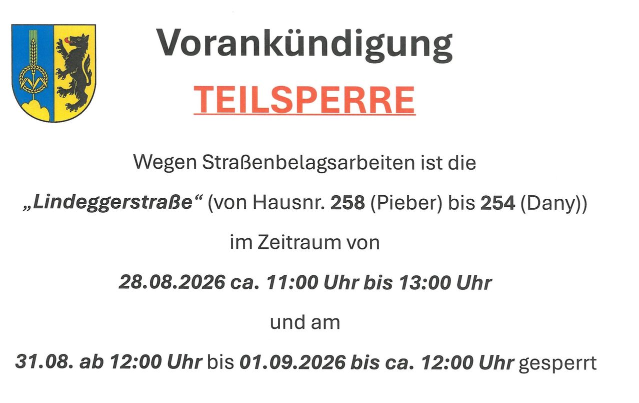 Announcement of a partial road closure due to street maintenance work on a specific street from August 28, 2026, until September 1, 2026.