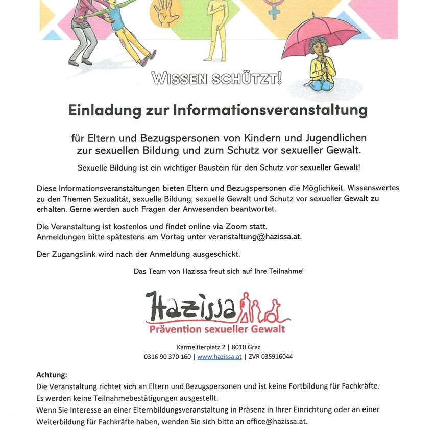 An informational event invitation for parents and caregivers of children and young people on sexual education and protection against sexual violence. The event is free and will be held online via Zoom. Registration is requested at least a day before the event.