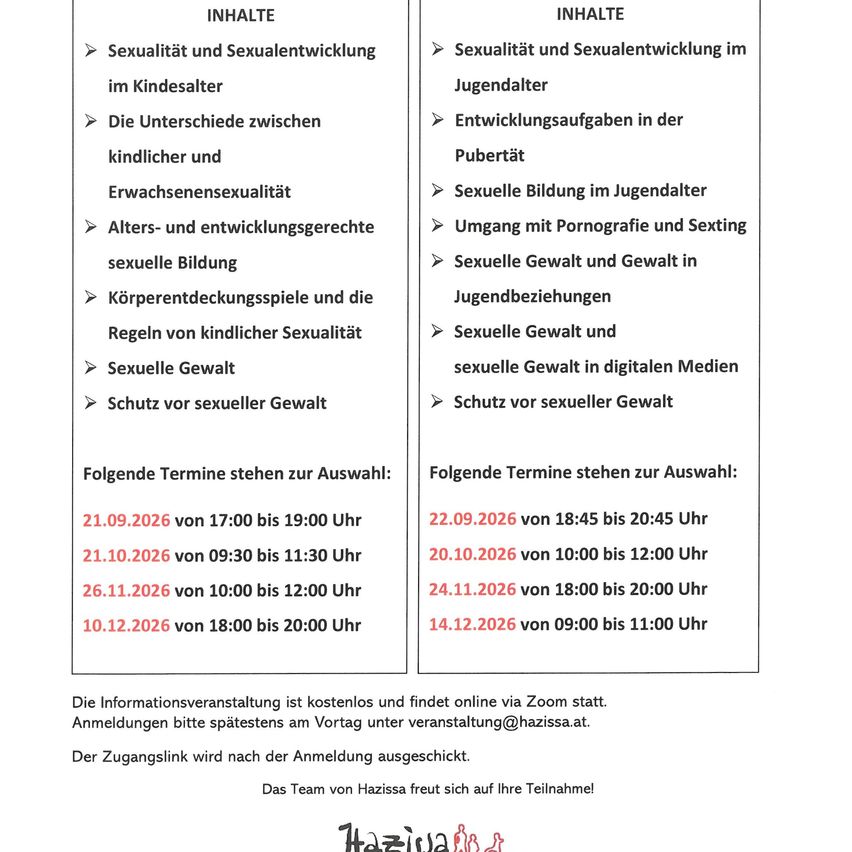 The image shows a schedule for an online event about sexuality and sexual development, with dates and times listed. It includes topics like differences between childhood and adolescent sexuality, sexual education, and protection against sexual violence.