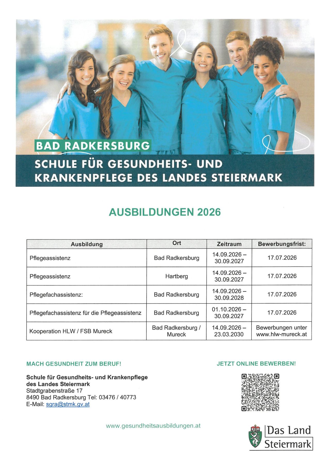 Poster advertising training at the School for Health and Nursing Care in Bad Radkersburg, Styria, for 2026. Includes job positions, locations, start dates, and application deadlines. The poster also includes contact information and a QR code.