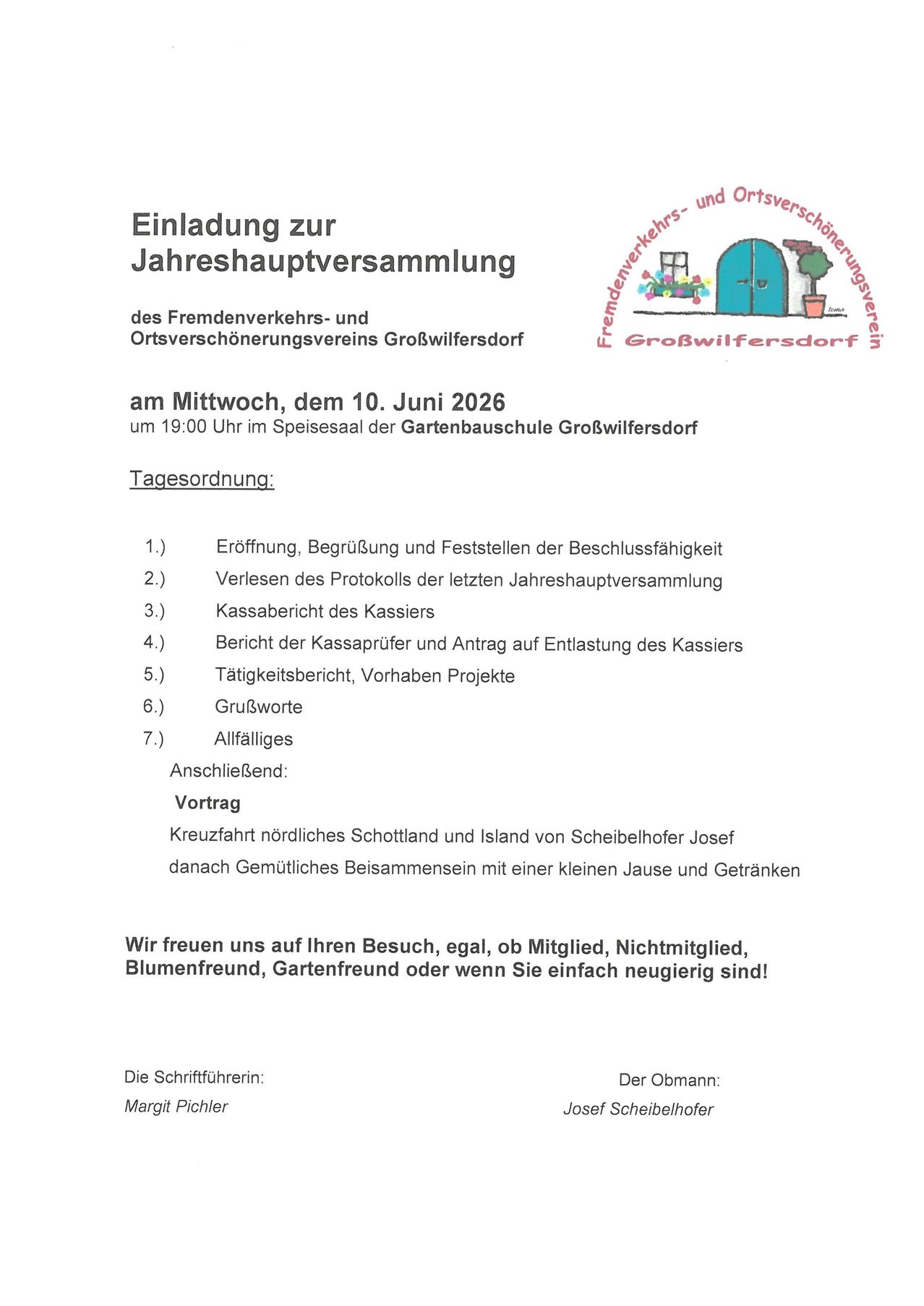 Invitation to the Annual General Meeting of the Friends of the Garden Association Großwilfersdorf on Wednesday, June 10, 2026, at 7:00 PM in the dining hall of the Garden School Großwilfersdorf. Includes agenda, a talk on a cross-country journey, and refreshments.