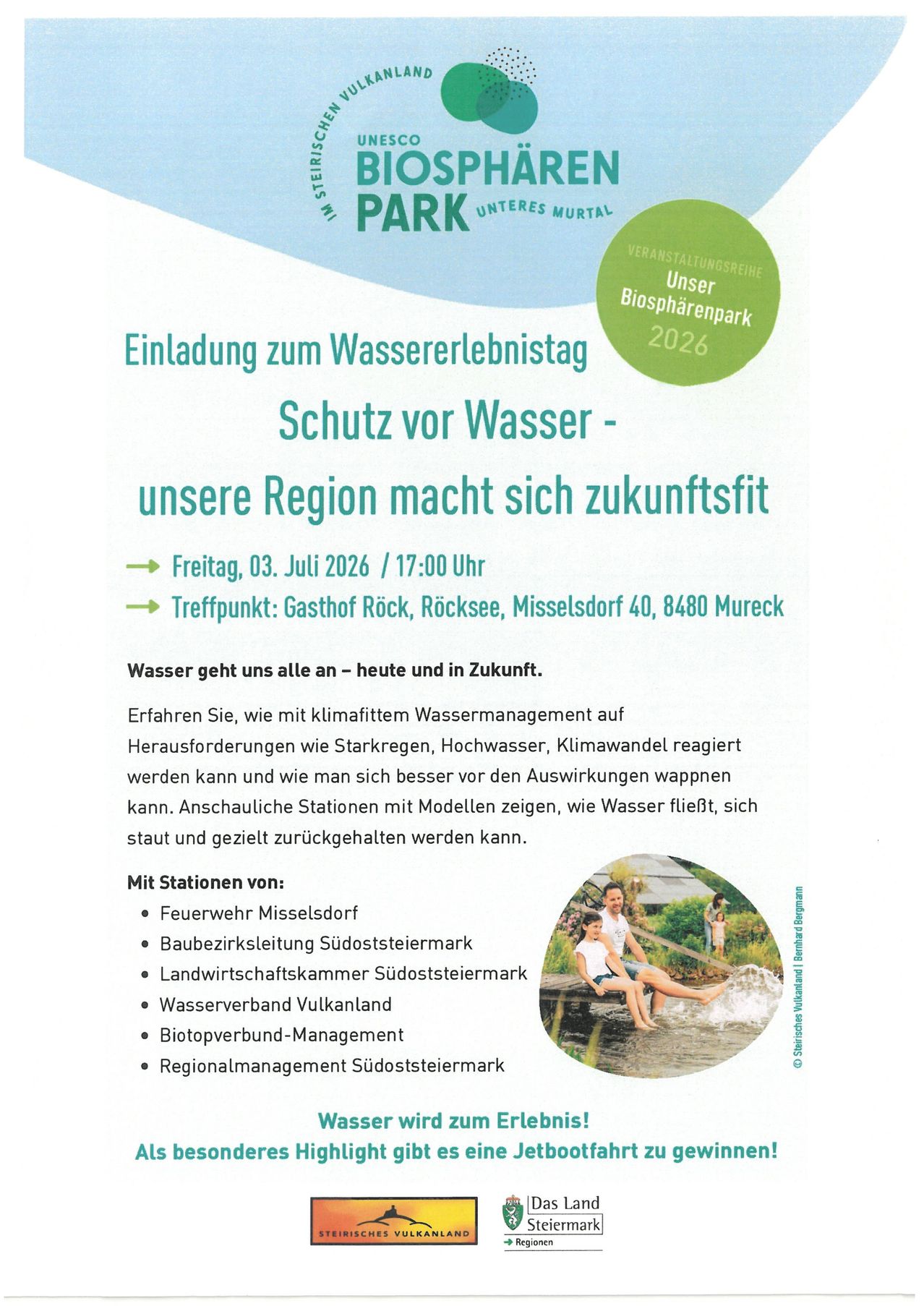 An invitation to the Water Experience Day, July 3, 2026 at 5:00 PM. Learn how climate-friendly water management responds to challenges like drought and flooding. Models demonstrate water flow and retention. Stations by the fire department, regional management, and others.