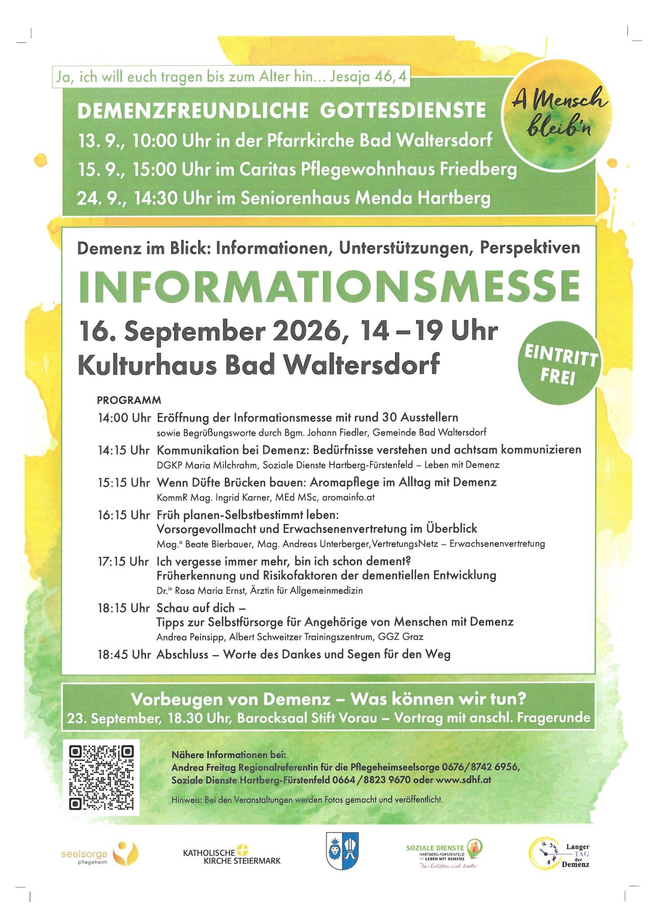 Plakat für die Informationsveranstaltung 'Demenz im Blick' mit Datum, Uhrzeit und Orten. Die Veranstaltung ist kostenlos und läuft von 14:00 bis 19:00 Uhr. Es gibt Vorträge über Kommunikation, frühzeitige Planung und Pflege von Demenzkranken. Die Veranstaltung endet mit einer Fragerunde.