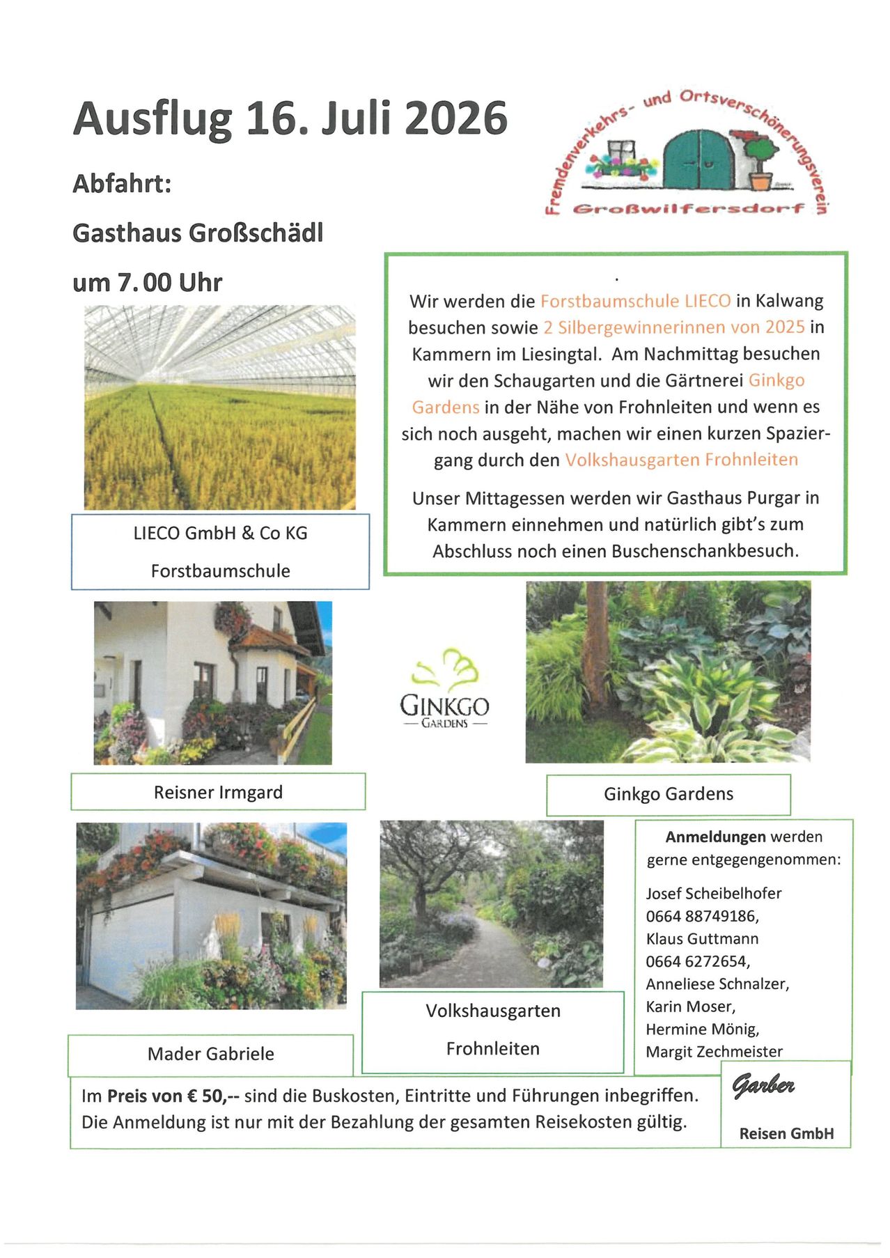 Das Bild zeigt einen Veranstaltungsflyer für eine Zusammenkunft im Gasthaus Großschädl, mit einem grün umrandeten Layout und verschiedenen Details. Der Flyer enthält ein Foto eines Gewächshauses, Namen von Teilnehmern und Informationen über die Aktivitäten des Tages, einschließlich eines Besuchs einer Forstbaumschule und eines Gartens. Kontaktdetails zur Anmeldung sind ebenfalls angegeben.