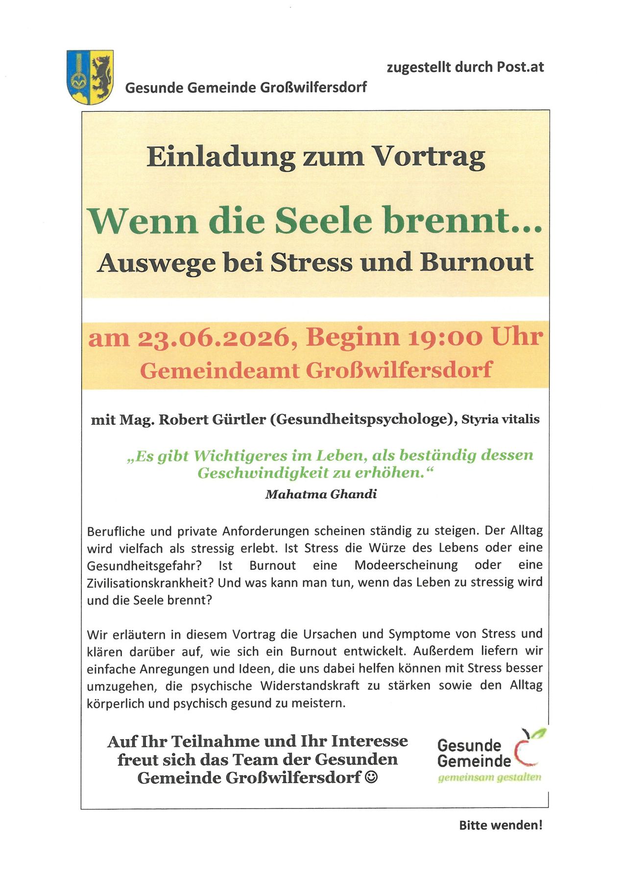 Einladung zum Vortrag über Stress und Burnout. 23.06.2026, Beginn 19:00 Uhr im Gemeindeamt GroBwilfersdorf. Mit Mag. Robert Gurtler (Gesundheitspsychologe) und Styria Vitalis. Erfahren Sie mehr über Ursachen, Symptome und Bewältigungsstrategien von Stress und Burnout.
