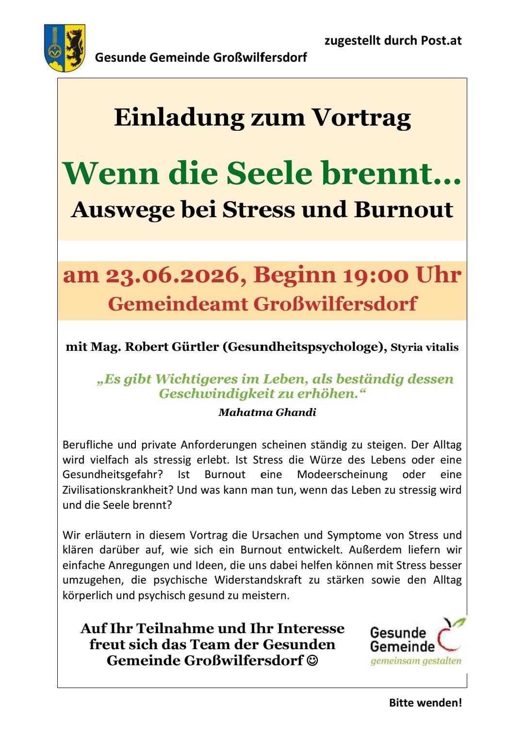 An invitation to a lecture titled 'When the soul burns... Pathways in stress and burnout.' On 23.06.2026 at 19:00 at the Großwilfersdorf town hall. With Mr. Robert Gurtler (Health Psychologist) and Styria Vitalis. Includes discussion on stress causes, burnout symptoms, and coping strategies.