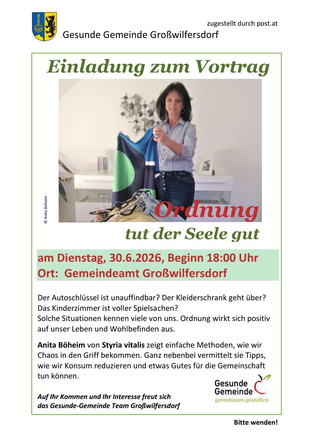 A flyer for a presentation by Anita Bohem on Ordnung, which translates to Order, promises to enhance one's well-being. The event is scheduled for June 30, 2026, at 18:00 in Grosswilfersdorf. It addresses common household chaos and provides tips for reducing consumption and benefiting the community.