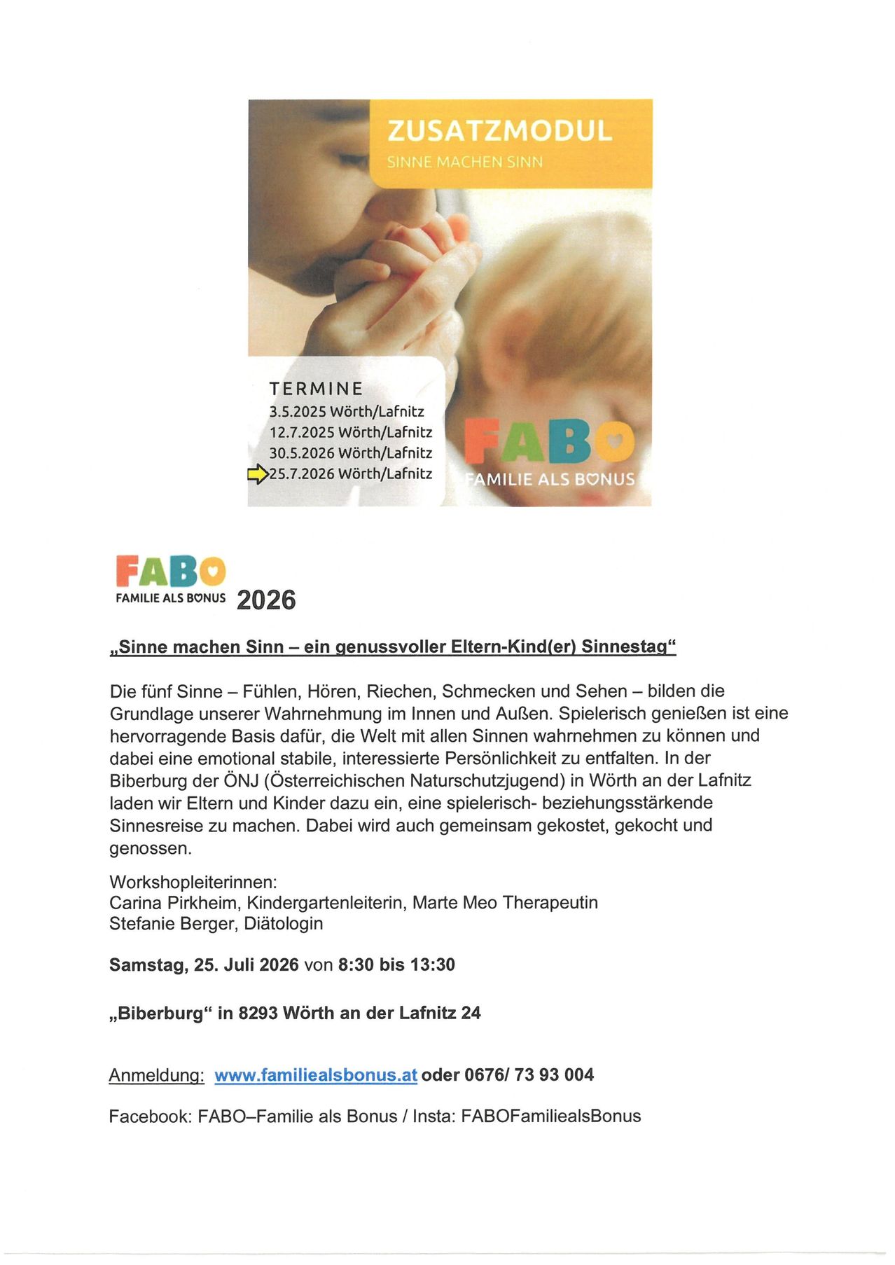 Ein Veranstaltungsflyer für ein familienorientiertes Sinneserlebnis-Event mit dem Titel 'Sinn machen Sinn' am 25. Juli 2026, mit einem Bild von der Hand und dem Gesicht eines Babys. Die Veranstaltung wird von FABU organisiert und findet in der Biberburg in Worth statt.