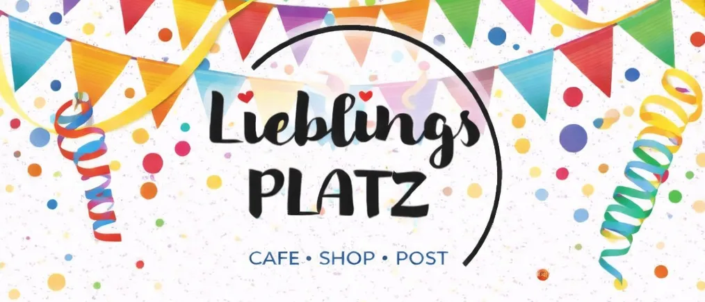 Werbeposter für Faschingsdienstag am 17. Februar 2026. Das Poster zeigt bunte Konfetti und Luftschlangen, mit 'Lieblings PLATZ' oben und 'CAFÉ SHOP POST' darunter. Das Datum ist fett hervorgehoben.