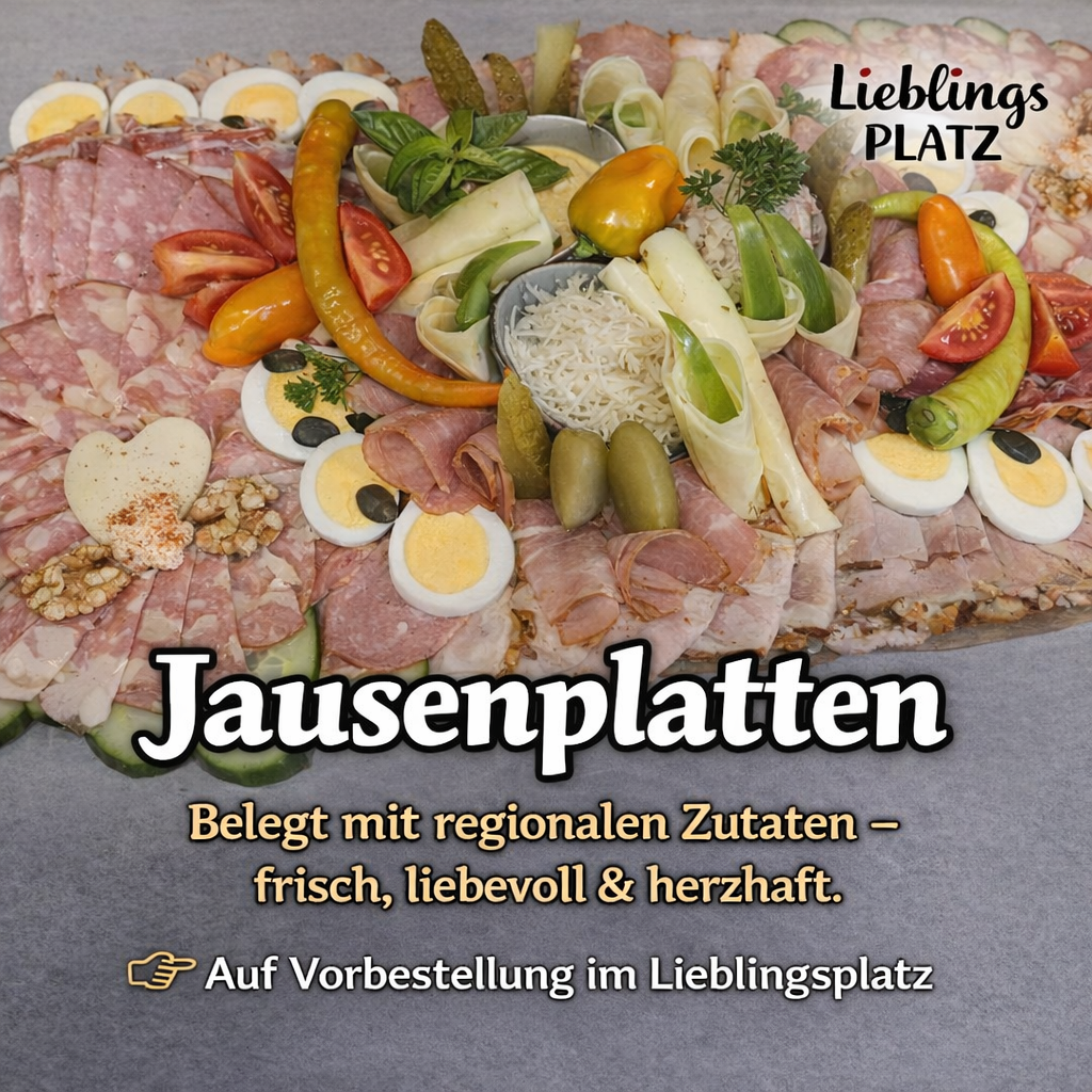 Eine Platte mit verschiedenen Fleischsorten, Käse, Eiern, Gemüse und Gewürzgurken, die auf einer grauen Oberfläche angeordnet sind. Die Platte hat ein Label mit der Aufschrift 'Jausenplattn'. Es ist beschriftet mit 'Lieblingsplatz'. Der Text unter der Platte lautet 'Gefüllt mit regionalen Zutaten - frisch, liebenswert & herzhaft.' Der Text am unteren Rand lautet 'Auf Vorbestellung im Lieblingsplatz.'