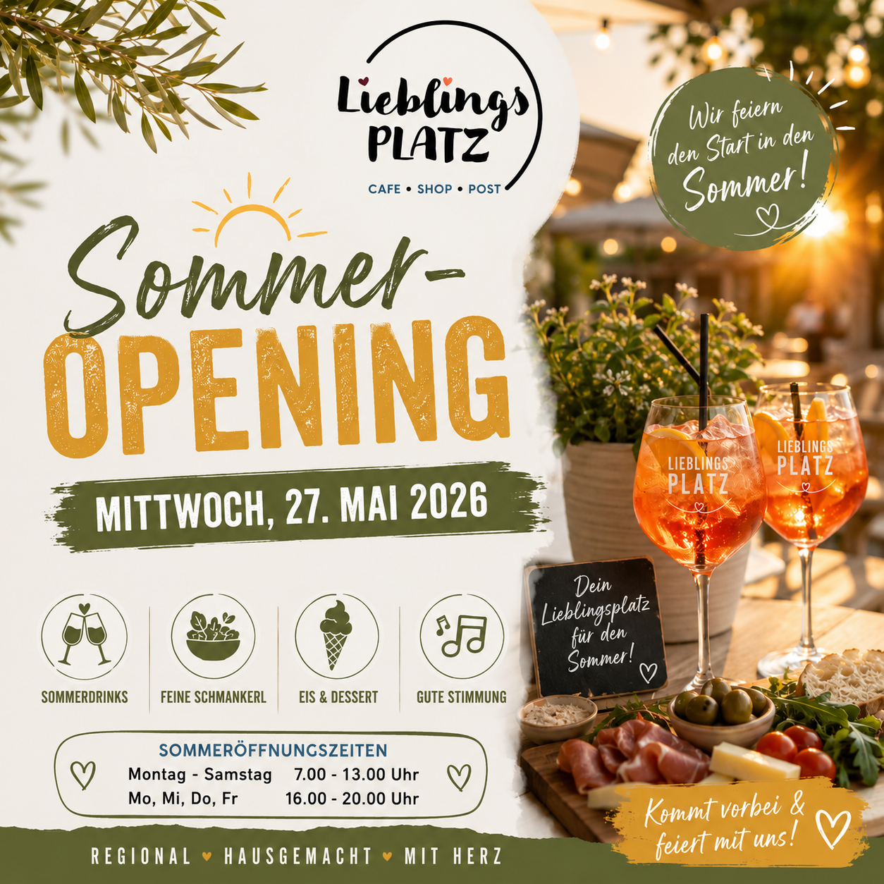 Ein Werbeposter für die Eröffnung des Cafés und Shops. Es zeigt Getränke, Essen, Eis und Musik. Die Eröffnung ist am 27. Mai 2026.