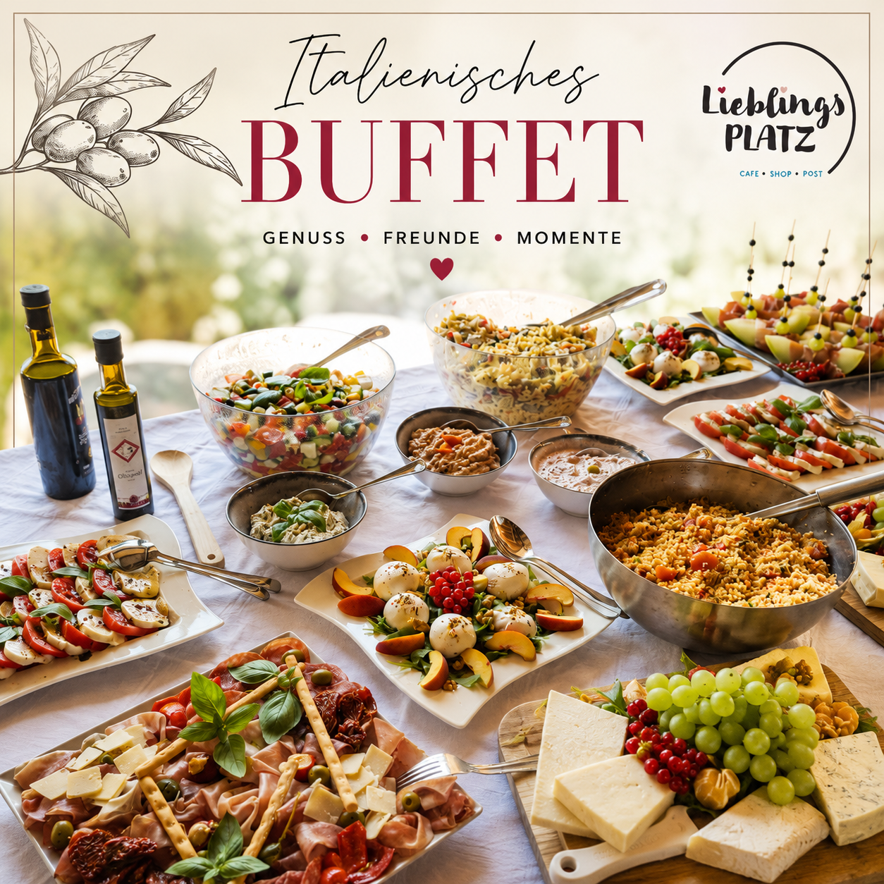 Ein Tisch voller verschiedener italienischer Gerichte, darunter Salate, Käse und Fleisch, mit Flaschen Olivenöl und einer Schüssel Pasta. Im Hintergrund befinden sich ein Olivenzweig und die Worte 'Italienisches BUFFET'.