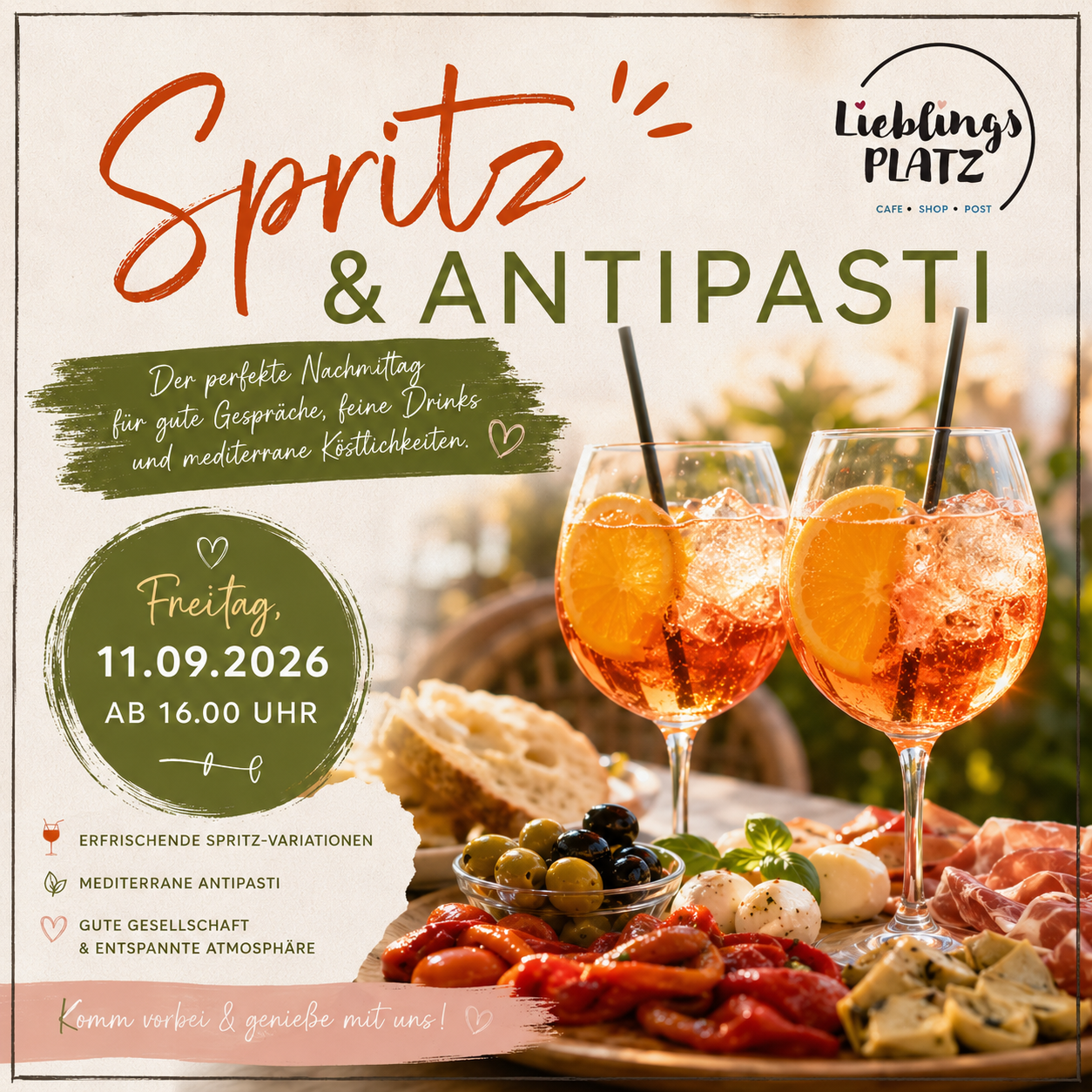 Werbeplakat für die Spritz & Antipasti-Veranstaltung am 11.09.2026 um 16:00 Uhr mit zwei Gläsern mit Getränken und Strohhalmen, einer Platte mit Oliven und einer Schüssel mit Tomaten.