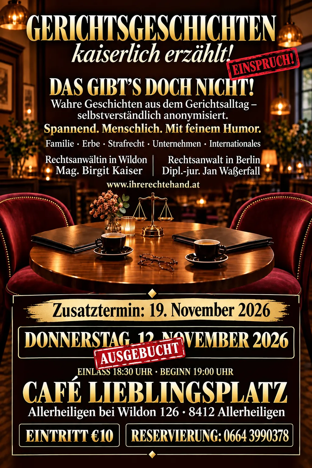 Ein Plakat für eine Buchlesung mit einem Tisch, auf dem Tassen mit Kaffee, eine Waage und ein Buch stehen. Der Text ist auf Deutsch.