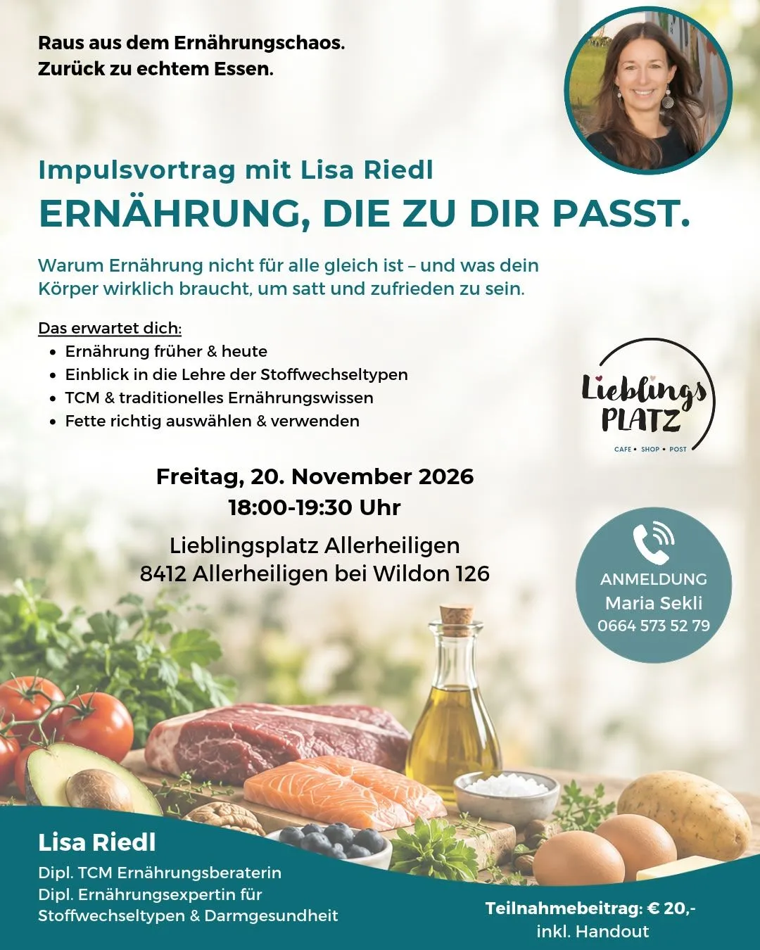Ein Werbeplakat für einen Ernährungsvortrag mit Lisa Riedl, mit einem Foto von Lisa und verschiedenen Lebensmitteln.