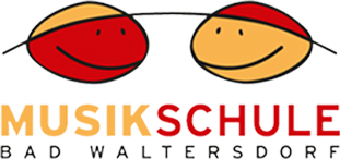 Ein Brillengestell mit roten Bügeln und zwei lächelnden Cartoon-Gesichtern auf den Gläsern, beschriftet mit 'Musikschule Bad Waltersdorf' in fettem gelbem und rotem Text auf schwarzem Hintergrund.