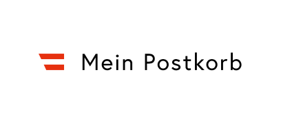 Das Bild zeigt das Logo von 'Mein Postkorb'. Es besteht aus einem roten Quadrat mit einem Pfeil nach rechts und dem Text 'Mein Postkorb' in schwarz.