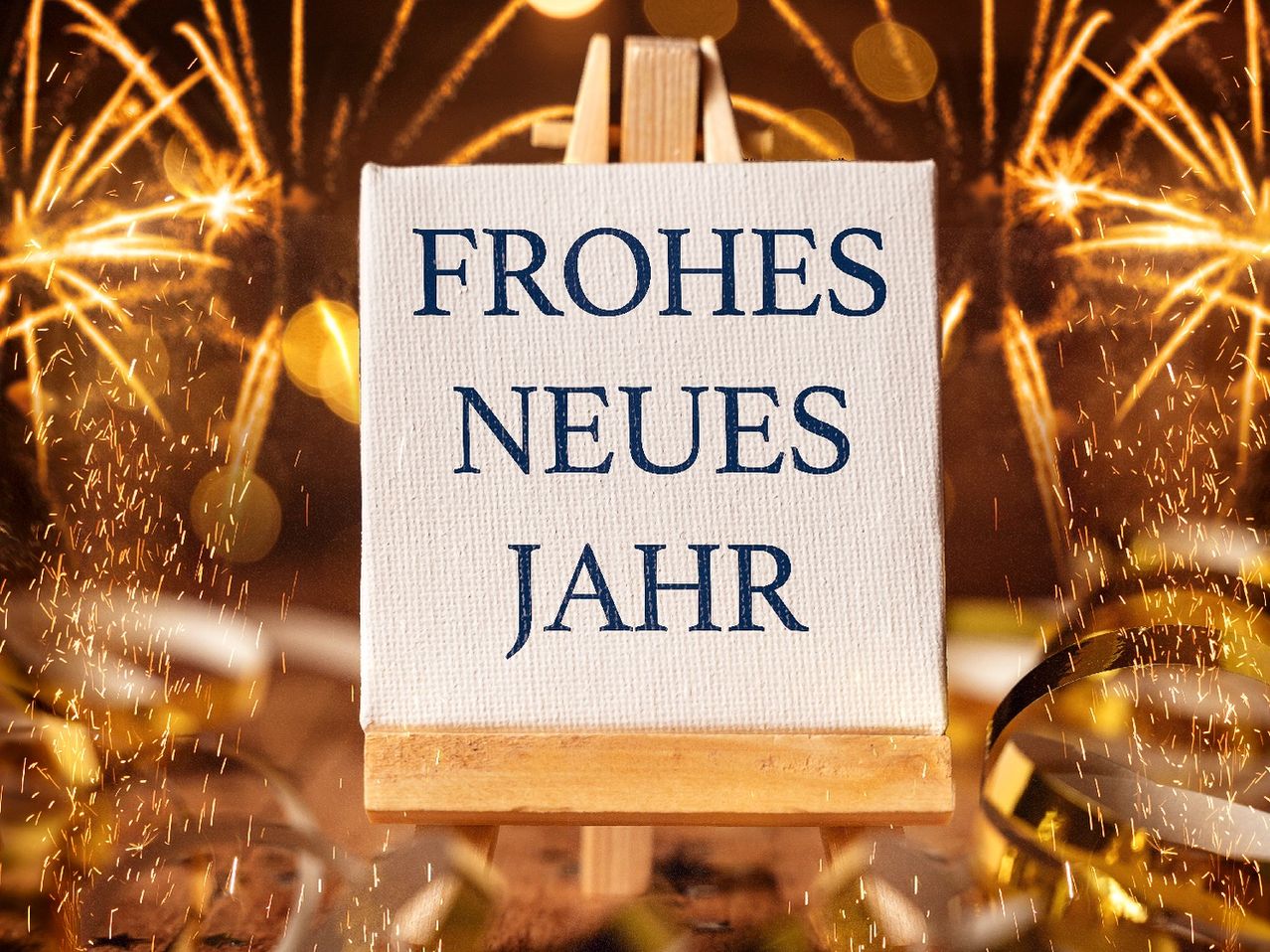 Eine Miniatur-Leinwand steht mit einem Schild, das Frohes Neues Jahr besagt, mit Feuerwerk im Hintergrund.