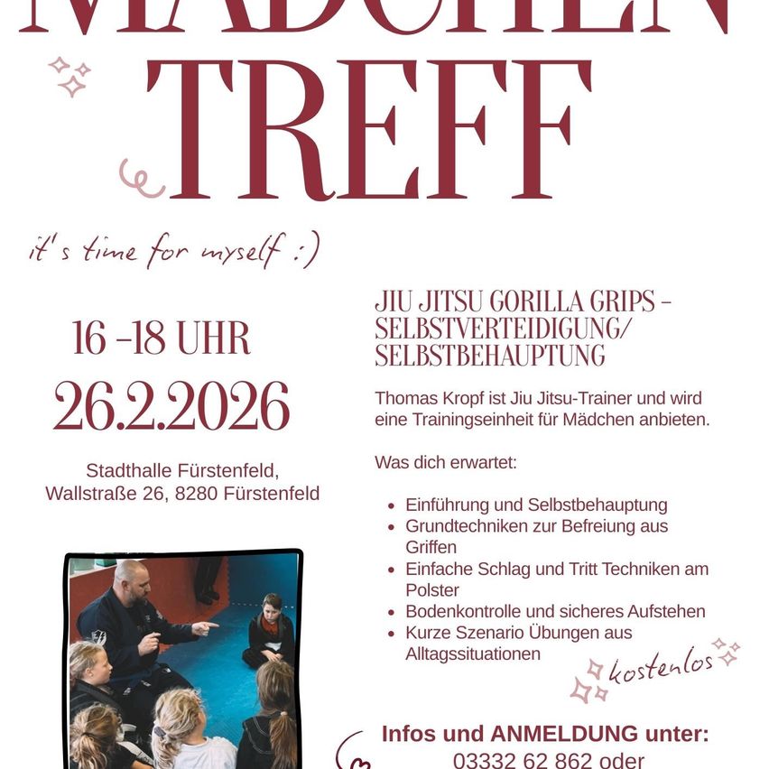 Plakat für ein Selbstverteidigungstraining für Mädchen am 26.2.2026, 16-18 Uhr, Stadthalle Fürstenfeld, Wallstraße 26, 8280 Fürstenfeld.