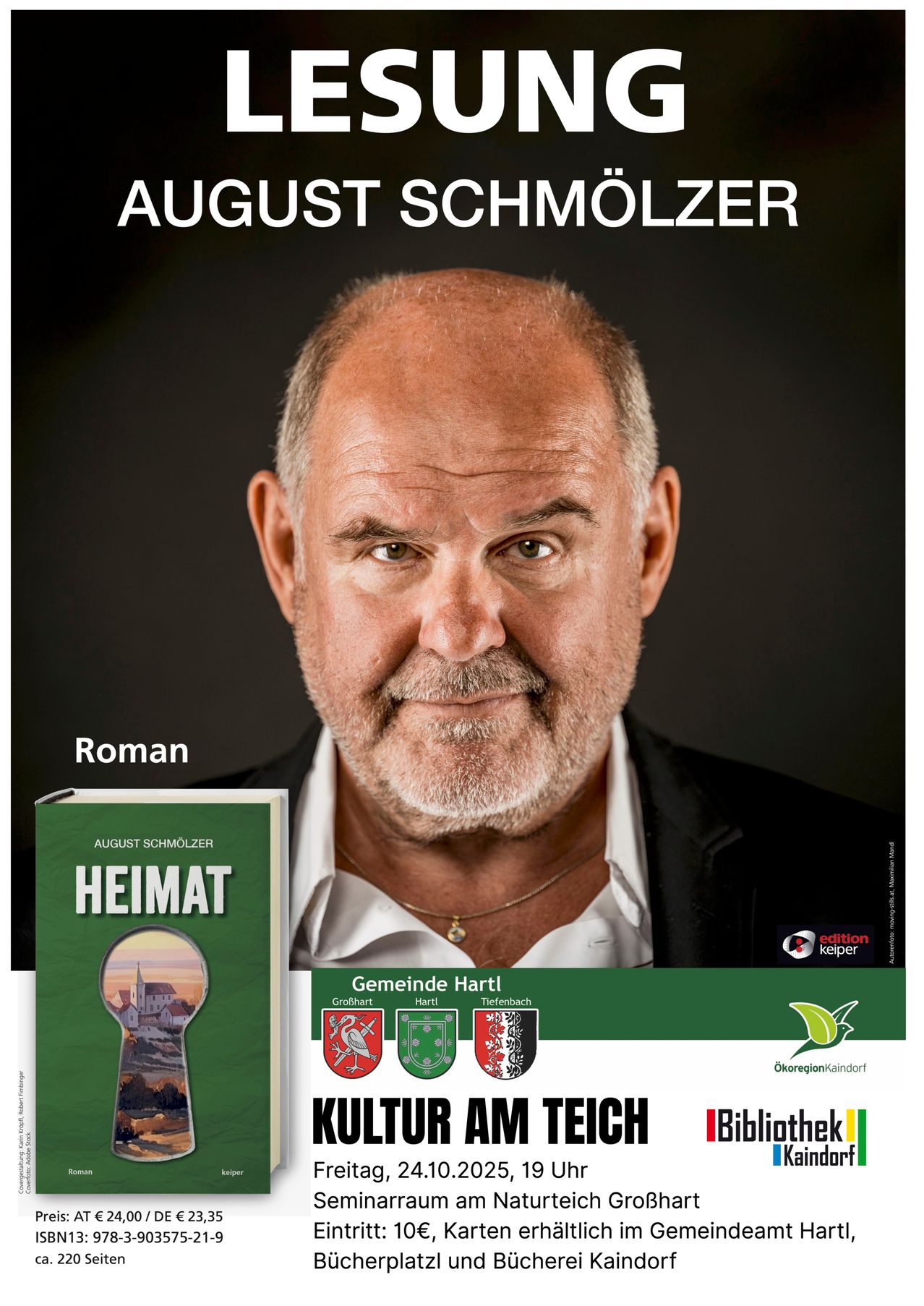 A portrait of August Schmolzer, author of 'Heimat', featuring a close-up of his face against a dark background. Below him is the book cover of 'Heimat', and to the right is the Gemeinde Hartl logo.