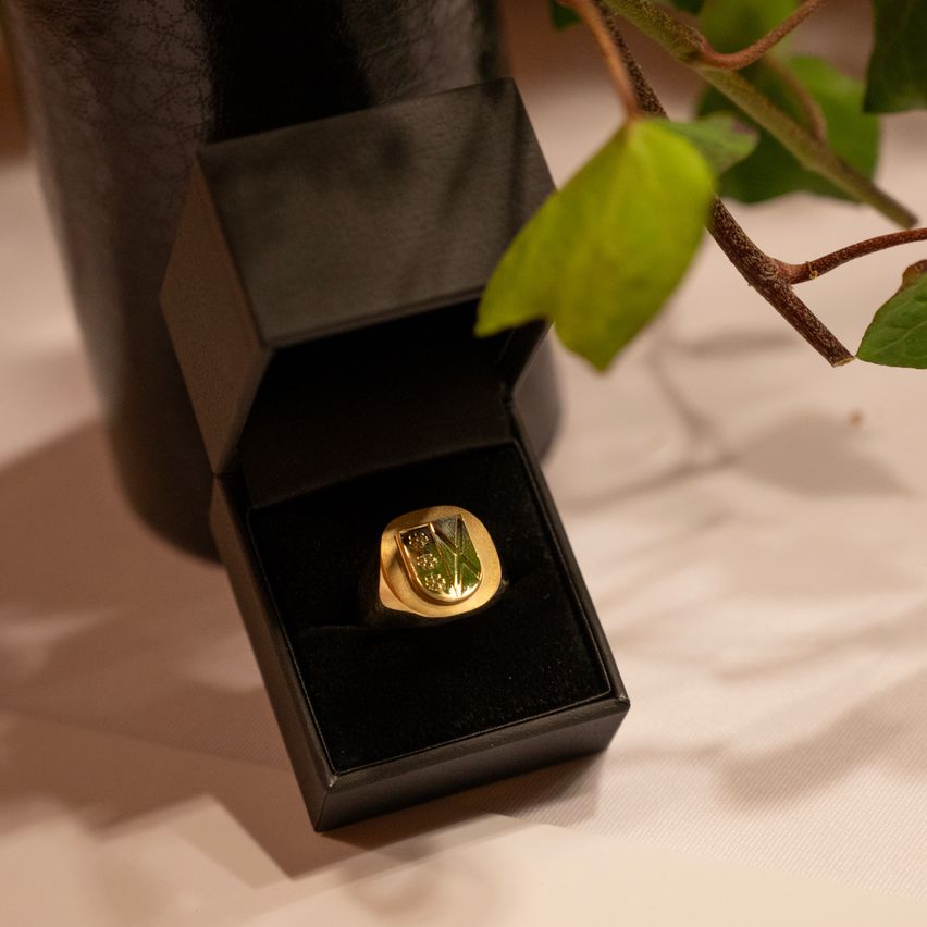 A golden ring with a green leaf design rests in a black box on a white surface, near a plant with green leaves.