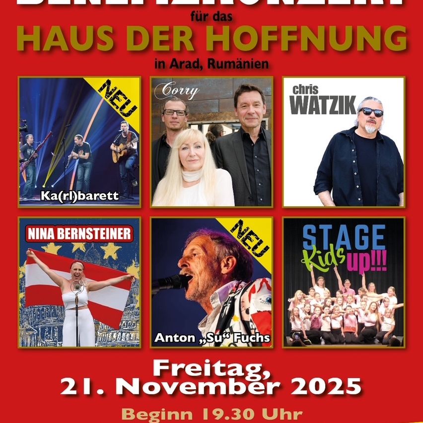 Plakat für die Veranstaltung Haus der Hoffnung in Arad, Rumänien, am 21. November 2025, mit verschiedenen Künstlern. Beginn um 19:30 Uhr.