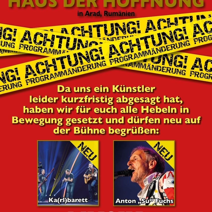 Plakat für eine Aufführung von Ka(rl)barett und Anton, Su"Fuchs, mit rotem Hintergrund und gelbem Absperrband, mit einem kurzen Text in Deutsch und Bildern von Musikern auf der Bühne.