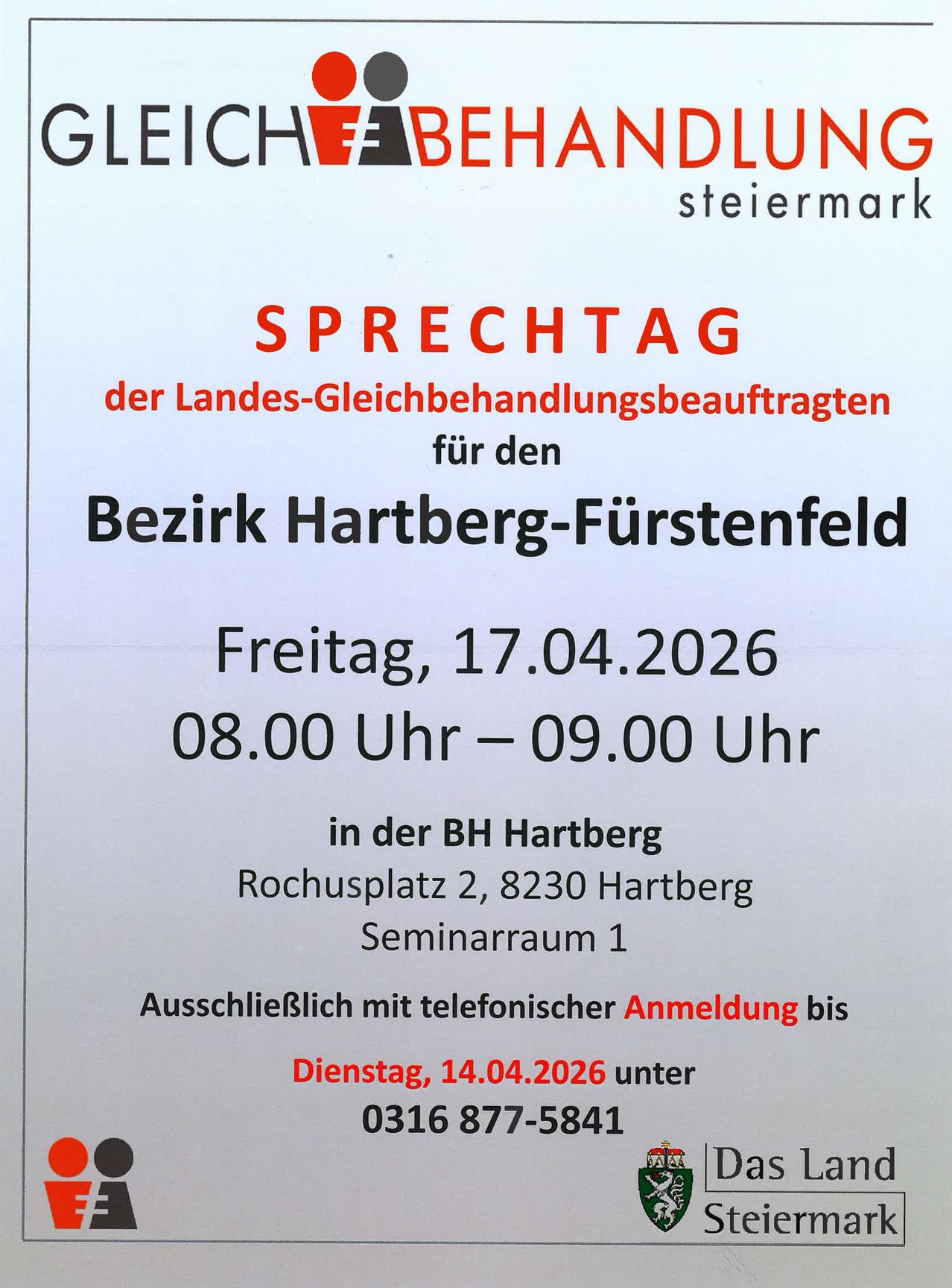 Ankündigung für den Gleichbehandlungsbeauftragten des Bezirks Hartberg-Fürstenfeld. Veranstaltung am 17. April 2026 von 8:00 bis 9:00 Uhr am Hartberg Hauptplatz 2, Seminarraum 1. Telefonische Anmeldung bis 14. April 2026.