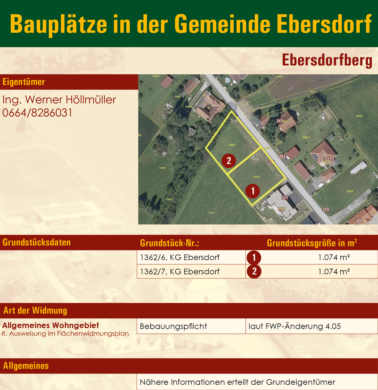 A map showing two plots of land in Ebersdorf, Germany, with plot numbers 1 and 2, each measuring 1,074 square meters. The map is labeled with the owner's name, Ing. Werner Hollmüller, and a contact number. The plots are marked with a yellow outline.