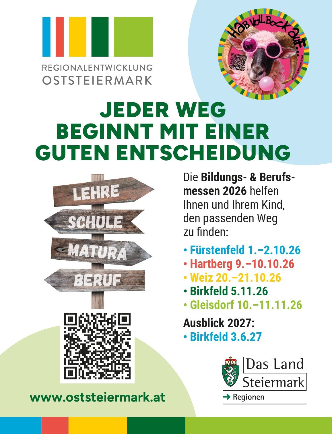 Poster for educational and career fairs in Oststeiermark, featuring a goat with sunglasses, a QR code, and a list of upcoming events.