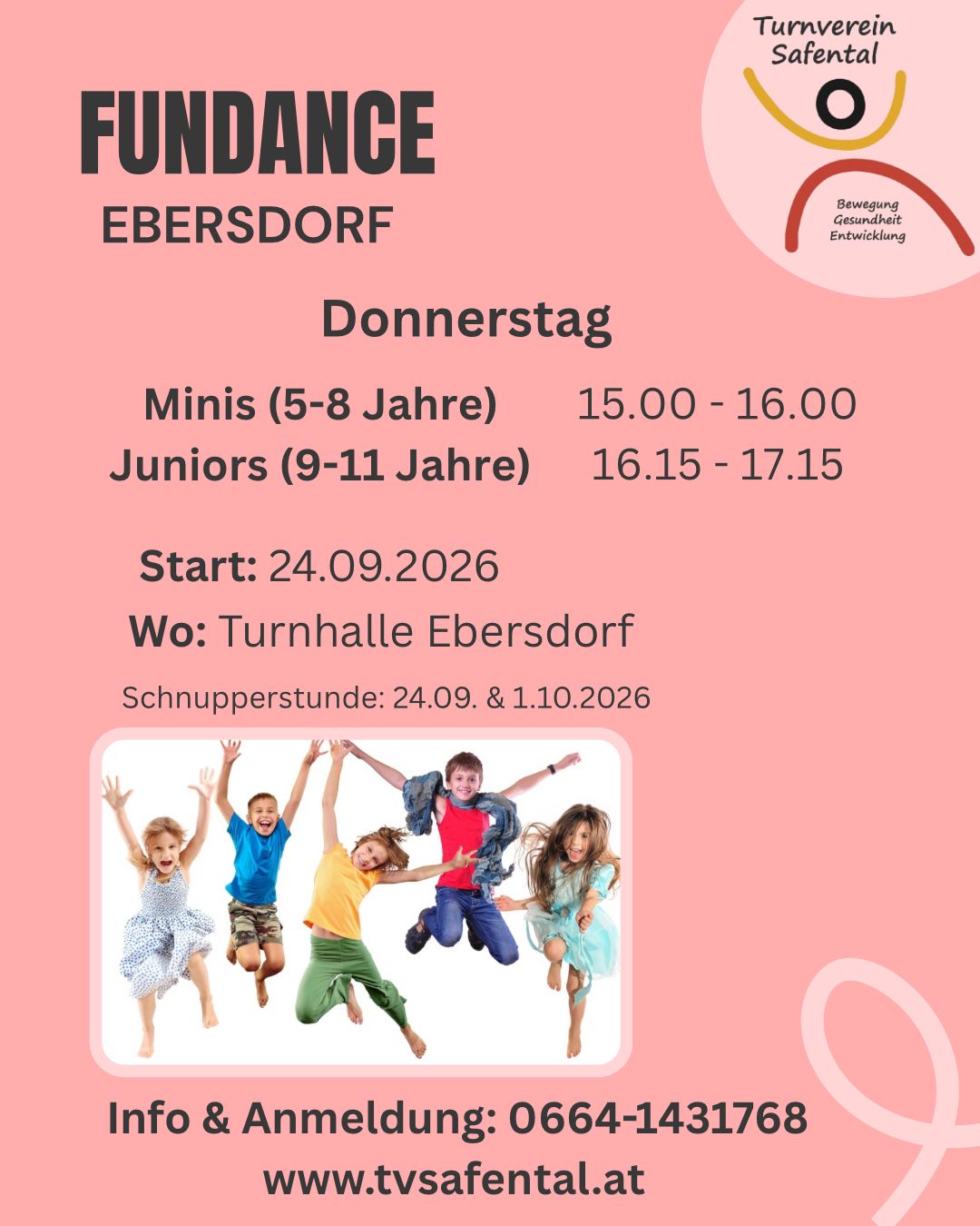 Plakat für eine lustige Tanzveranstaltung in Ebersdorf am Donnerstag, 24. September 2026. Es enthält Zeiten für Minis (5-8 Jahre) und Juniors (9-11 Jahre). Der Ort ist Turnhalle Ebersdorf.