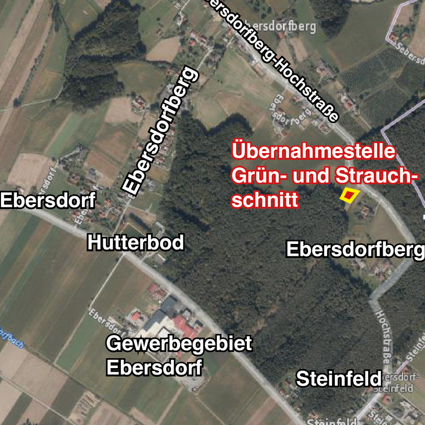 Eine Karte, die Ebersdorf, Ebersdorfberg, Steinfeld und Ebersdorfberg zeigt, mit einem hervorgehobenen Bereich, der als Grün- und Strauchschnittstelle gekennzeichnet ist.