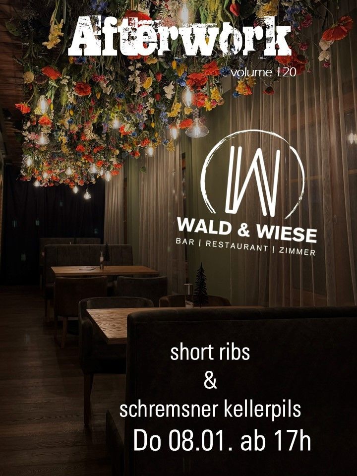 Das Innere der Wald & Wiese Bar und Restaurant zeichnet sich durch eine mit Blumen verzierte Decke, Tische und Stühle aus. Auf der Speisekarte stehen Kurzrippchen und schremsner Kellerpils. Volume 120.