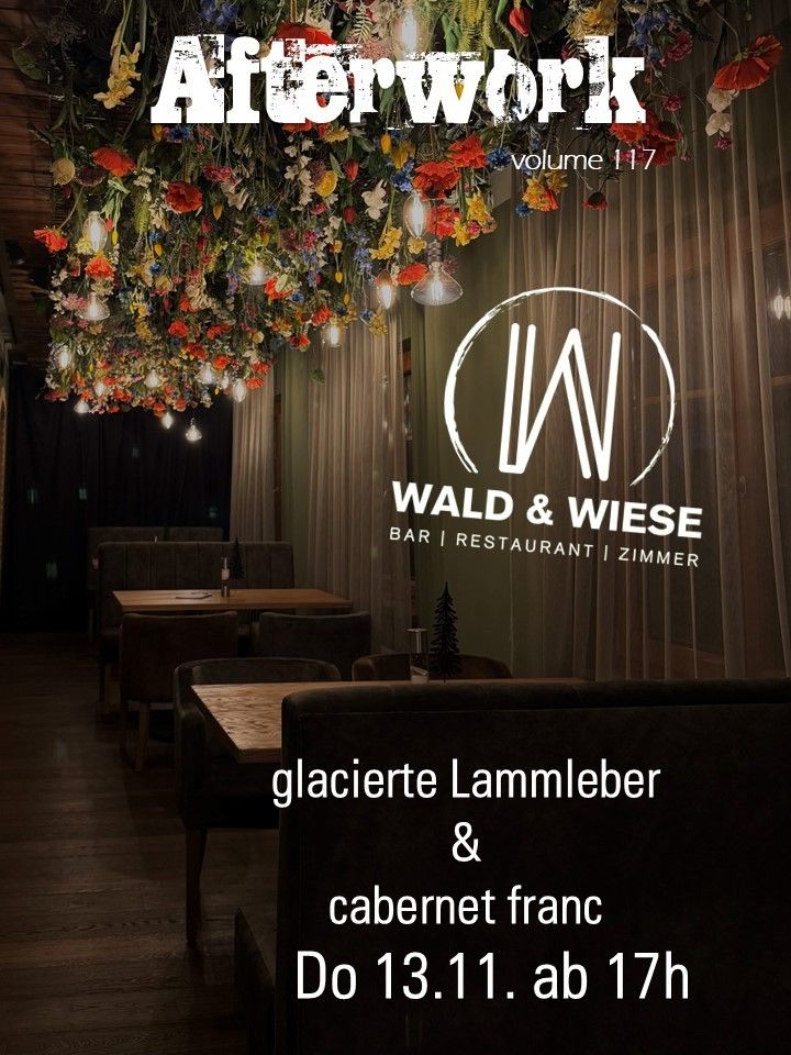 A restaurant advertisement showcasing an interior with a floral ceiling, wooden tables, and cushioned chairs. The logo reads Wald & Wiese, highlighting their bar, restaurant, and room services. It features a winter tree and promotes glaciered lamb liver and cabernet franc.