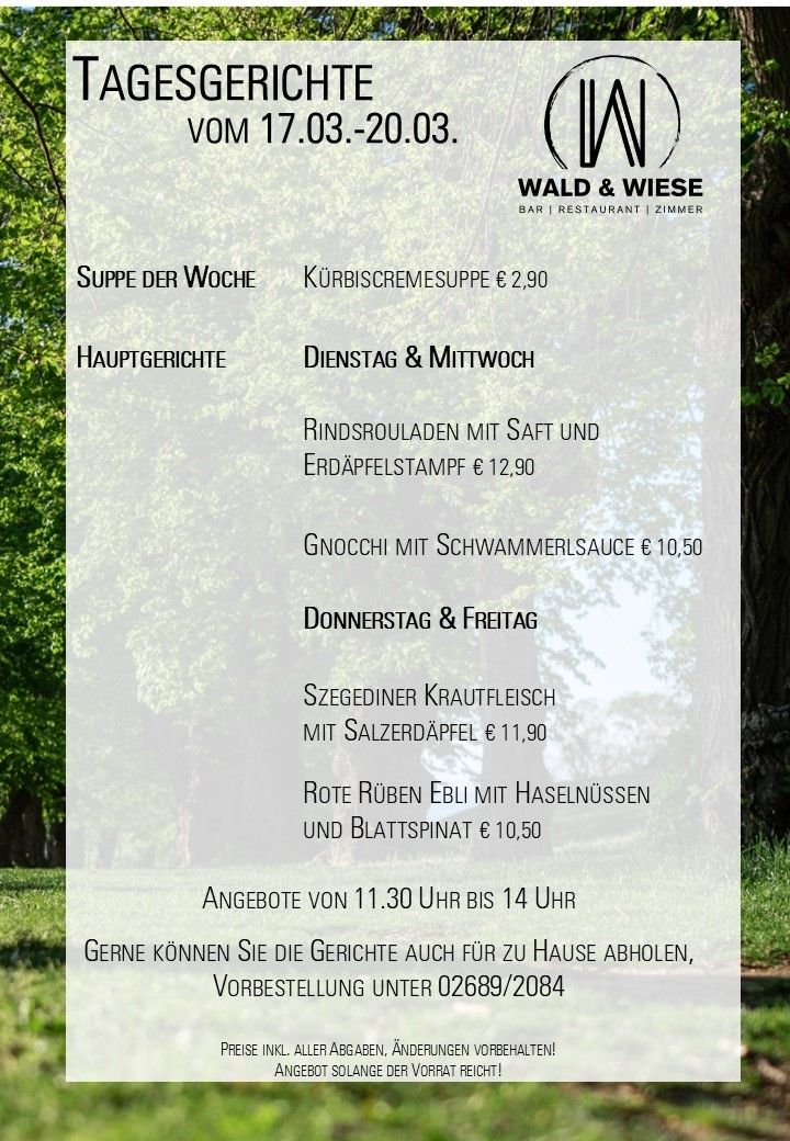 Suppe der Woche: Kürbiscremesuppe für 2,90 Euro. Hauptgerichte: Dienstag & Mittwoch: Rindsrouladen mit Sauce und Erdäpfelstampf für 12,90 Euro. Donnerstag & Freitag: Gnocchi mit Schwammerlsauce für 10,50 Euro. Samstag & Sonntag: Szegediner Krautfleisch mit Salzerdäpfel für 11,90 Euro. Rote Rübenebli mit Haselnüssen und Blattspinat für 10,50 Euro. Angebote von 11:30 Uhr bis 14 Uhr. Gerichte können auch zum Mitnehmen bestellt werden.