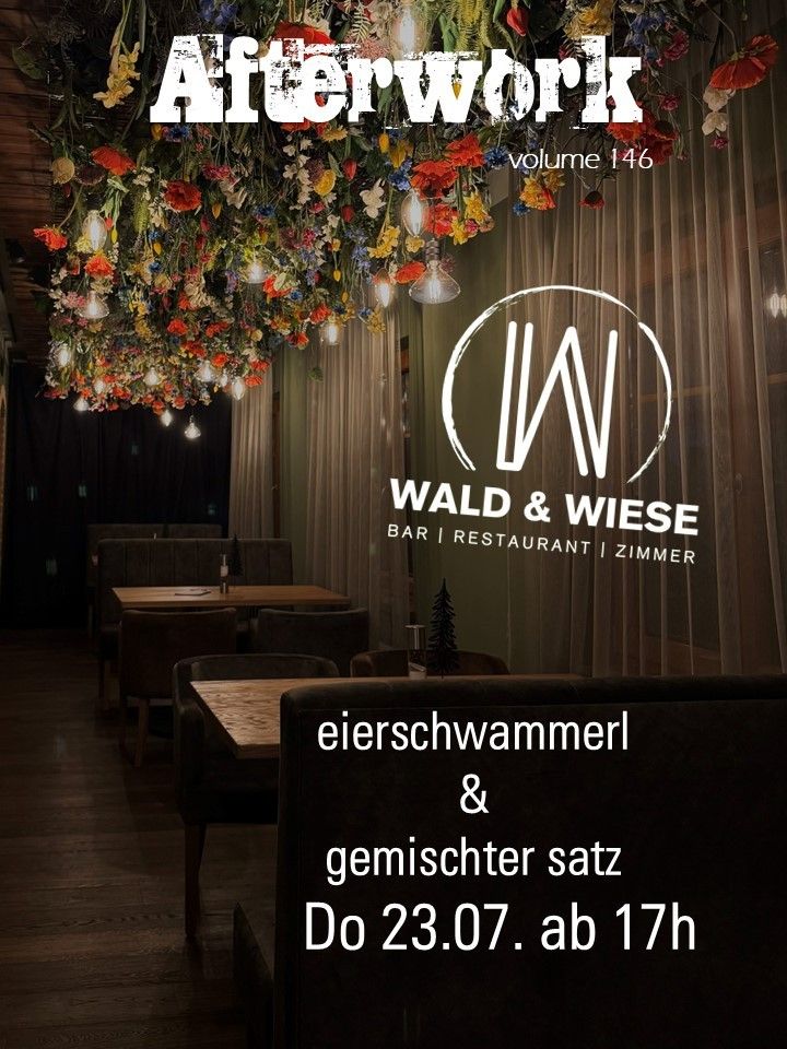 Ein Restaurant-Werbeplakat für Wald & Wiese mit einem Blumen-Decken, einer Tischdekoration und einem Menüpunkt. Datum und Uhrzeit sind unten angegeben.