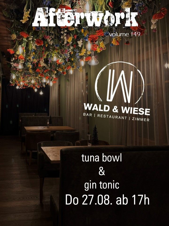 Werbung für Wald & Wiese Bar und Restaurant. Das Interieur besteht aus Holztischen, Stühlen und einem Blumen-Kronleuchter. Die Speisekarte umfasst einen Thunfisch-Bowl und Gin Tonic. Datum und Uhrzeit sind unten angezeigt.