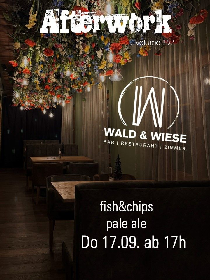 Ein Restaurant-Interieur mit einem Blumen-Kronleuchter, Holztischen und einer Speisekarte für Fish & Chips und Pale Ale. Das Datum ist der 17. September.
