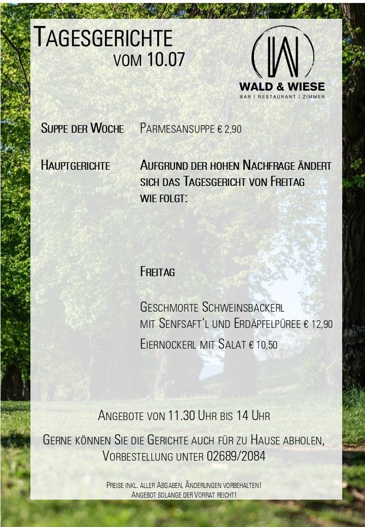 Weekly soup is parmesan soup at 2.90 Euros. Main course changes due to high demand. Friday's meal is smoked pork back ribs with sauerkraut and potato puree at 12.90 Euros, and veal knuckle with salad at 10.50 Euros. Available from 11:30 AM to 2:00 PM. Orders can also be picked up.