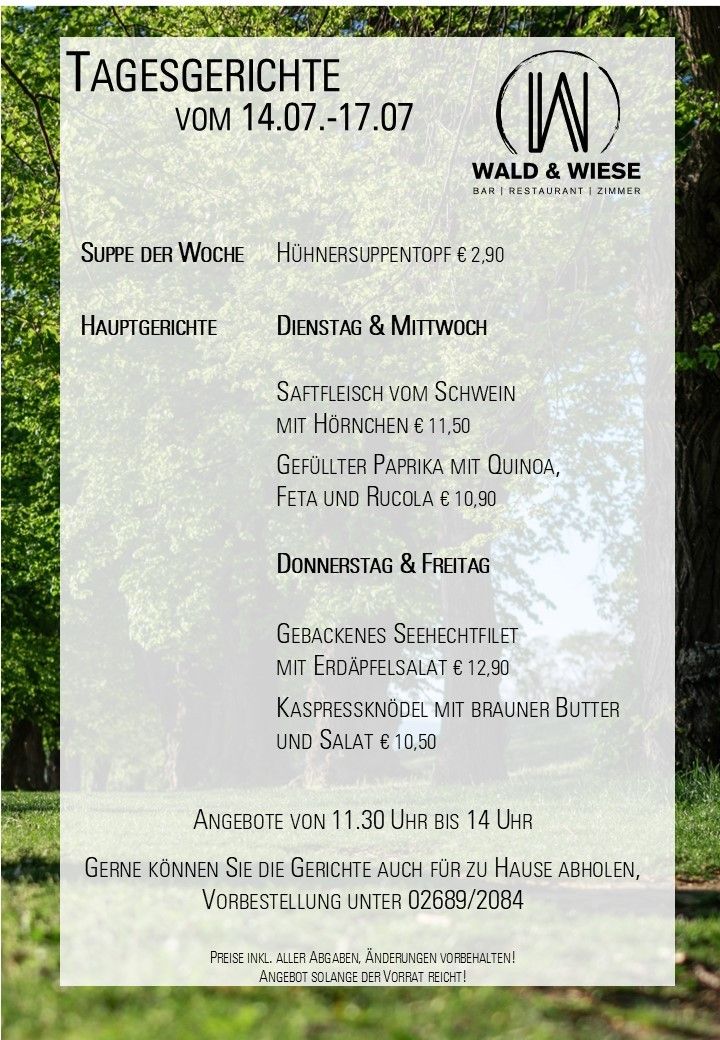 A menu from Wald & Wiese restaurant with weekly soup, main dishes for Tuesday and Wednesday, and Thursday and Friday. Prices are listed for each dish.