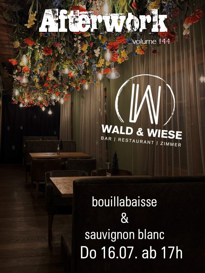 A restaurant advertisement featuring a floral chandelier, a wooden table, and a menu listing bouillabaisse and sauvignon blanc. The name 'WALD & WIESE' is prominently displayed.