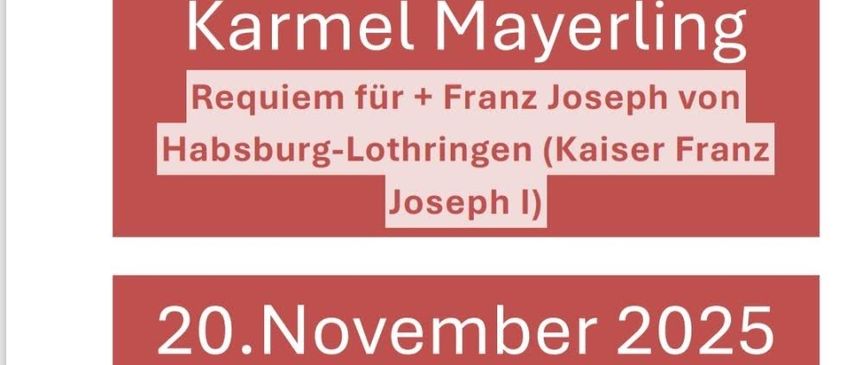 Ein Veranstaltungsposter für 'Hasburg-Lothringen' mit einem Baumbild. Datum ist 20. November 2025, Zeit ist 19:00. Zelebrant ist P. Bernhard Vosicky O.Cist. Musikalische Gestaltung von Vocalensemble INTERMEZZO Alland.