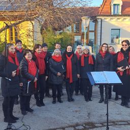 Ein Chor in roten Schals steht vor einem Notenständer, wahrscheinlich in Vorbereitung auf eine Aufführung, mit Gebäuden und einem Baum im Hintergrund.