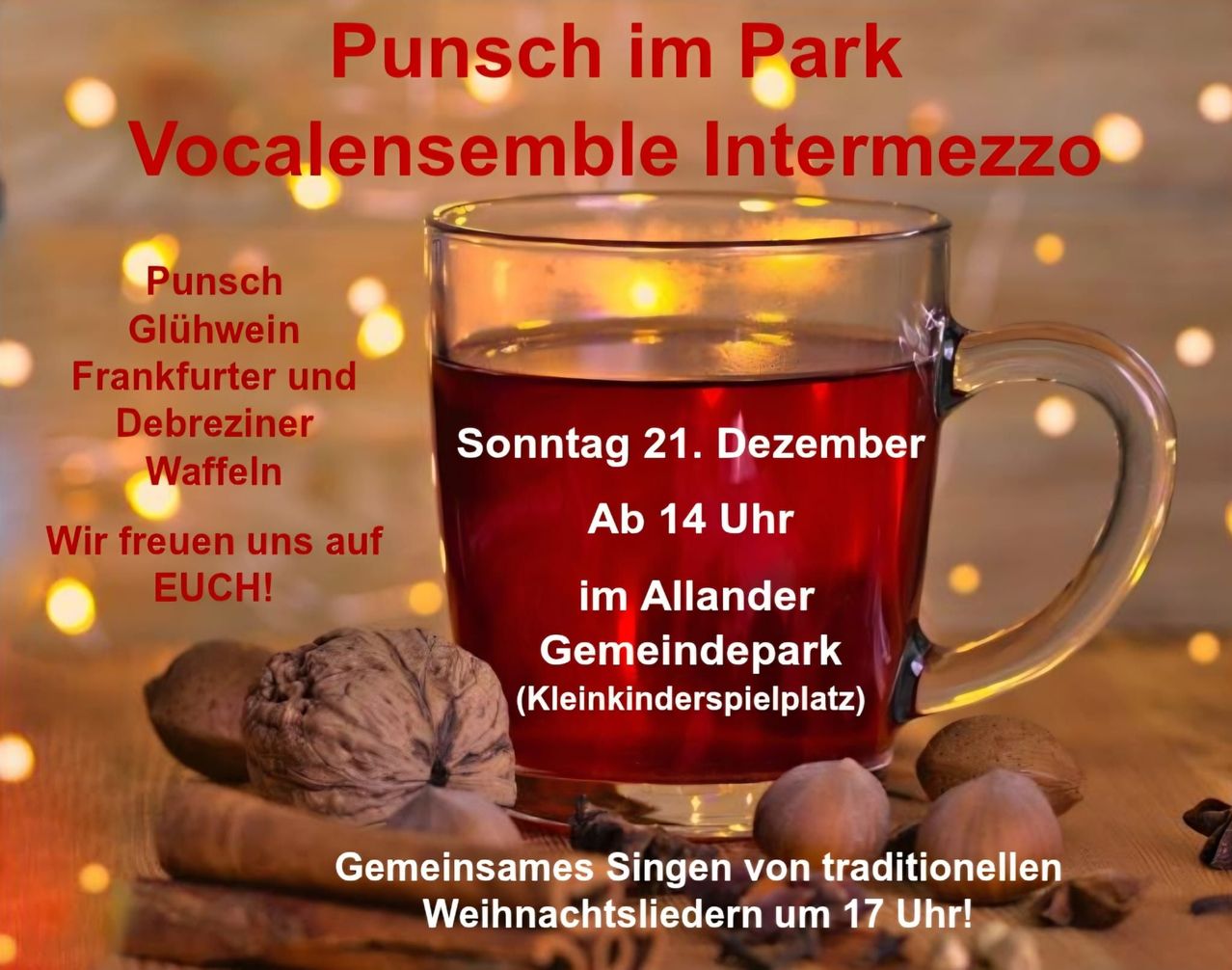 Ein Eventplakat zeigt eine Tasse roten Getränks mit Text in Deutsch darüber. Unten sind Nüsse und Zimtstangen. Komm am Sonntag, 21. Dezember um 14 Uhr in den Allander Gemeindepark.