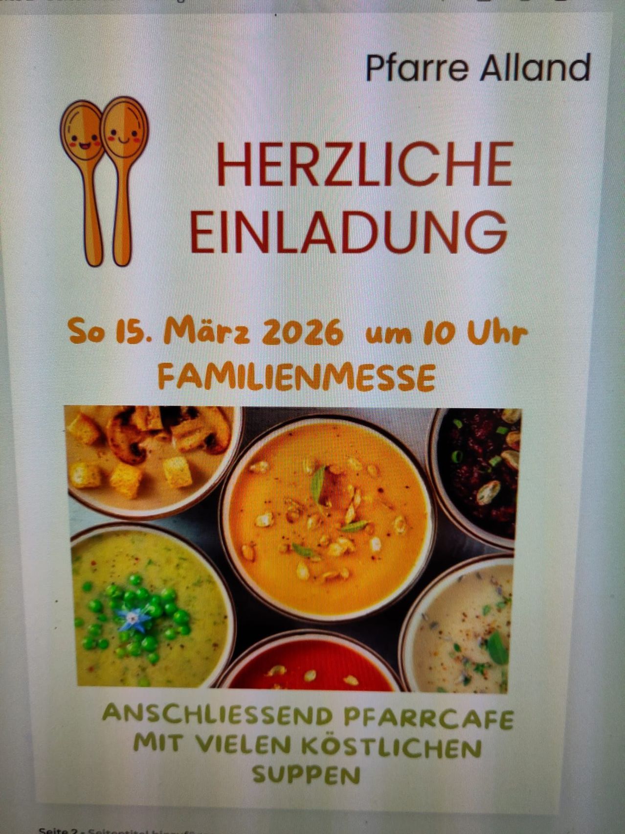 Plakat mit herzlicher Einladung zur Familienmesse am 15. März 2026 um 10 Uhr, zeigt verschiedene Suppen. Darunter eine Reihe verschiedener Suppenschüsseln.