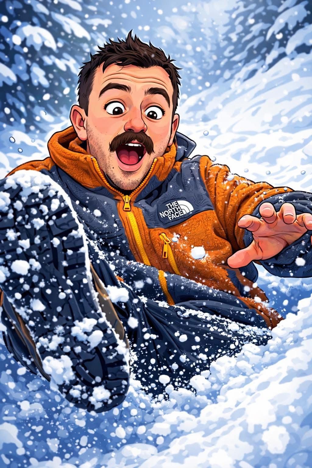 Karikatur eines Mannes in einer verschneiten Umgebung, der eine North Face-Jacke trägt, mit offenem Mund und fällt.